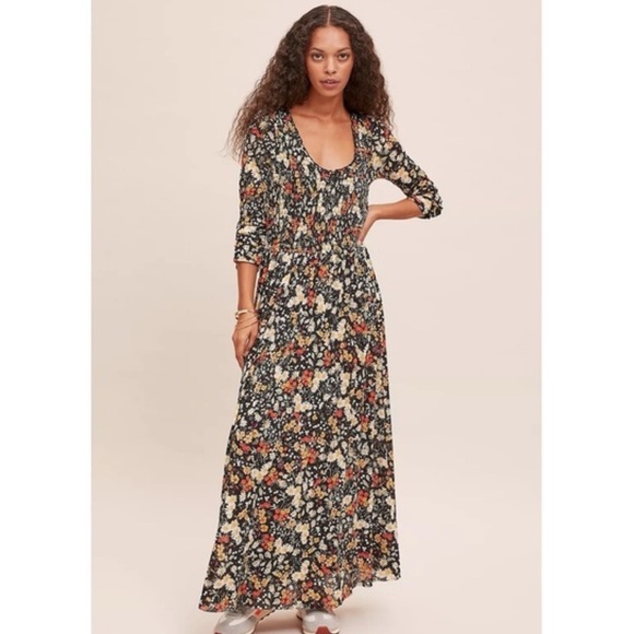 Anthropologie Maeve Omya Smocked Maxi Dress in Black & Orange Floral Print XS - Picture 1 of 12